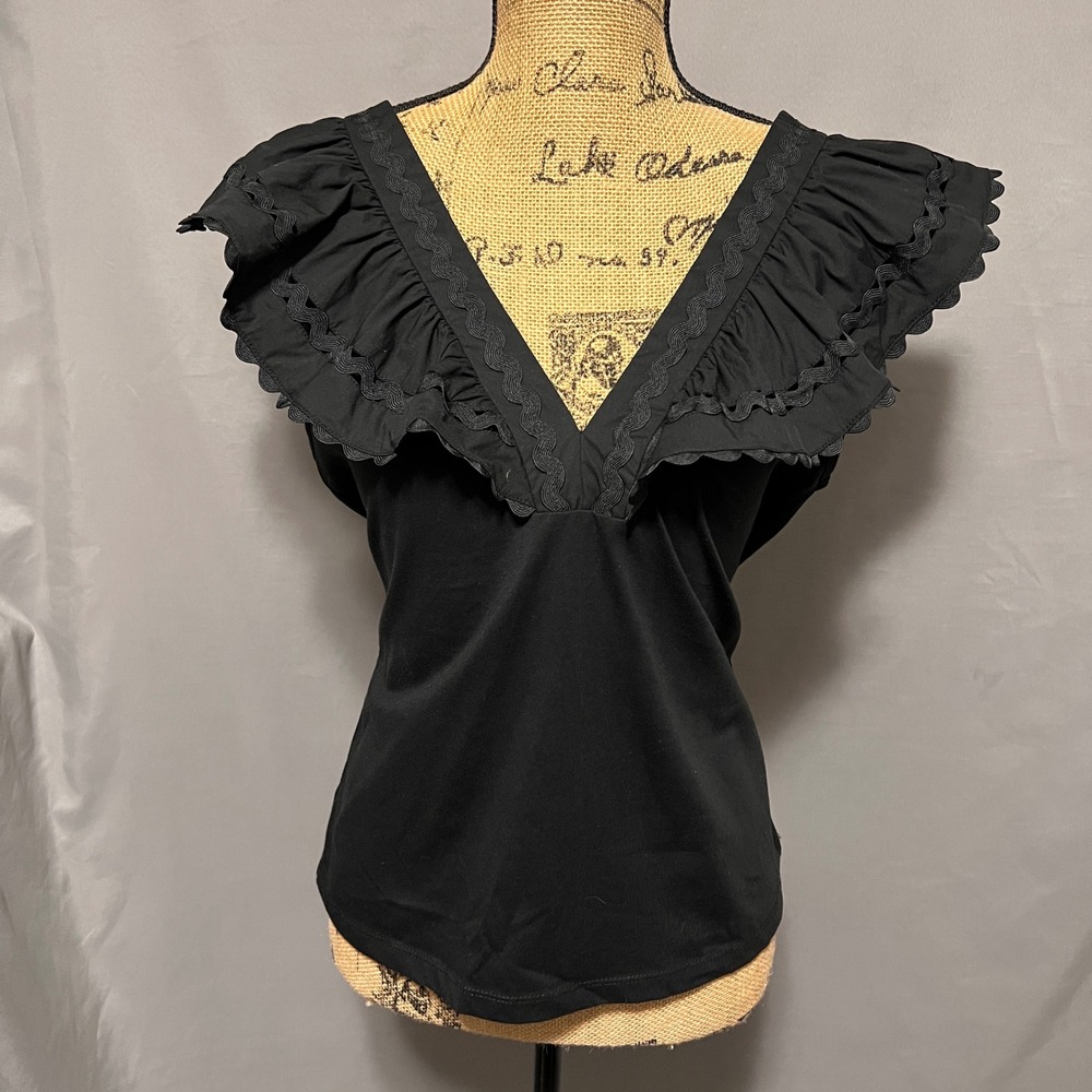 Marc New York Ruffle Trim Top V-Neck Sleeveless Blouse‎ Black Size M